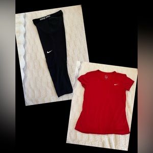 Nike Pro Dri Fit Crop pant 20” inseam size M BUNDLE Red Nike Dri fit shirt Small
